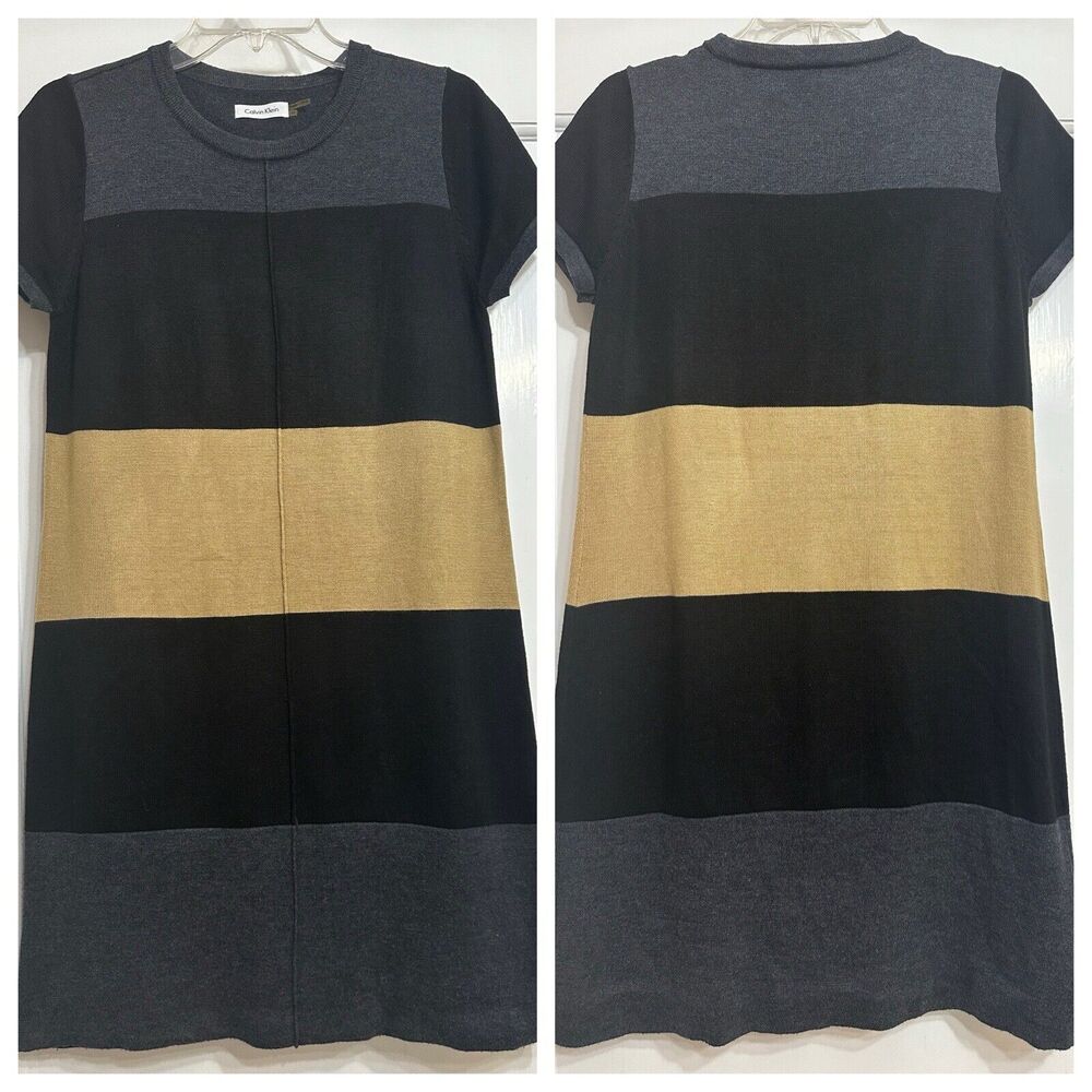 Calvin Klein Color Block Sweater Dress, Neutral, Black, Tan, and Grey, Medium